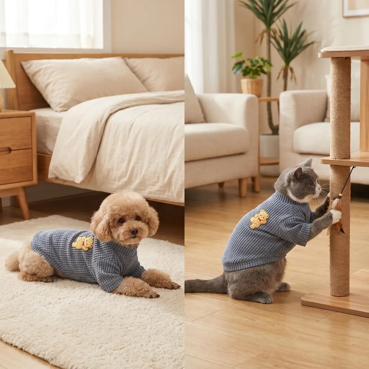 Gray Waffle Knit Cat Sweater - Cute 3D Bear Embroidery Warm Pet Clothes for Cat Small Dog