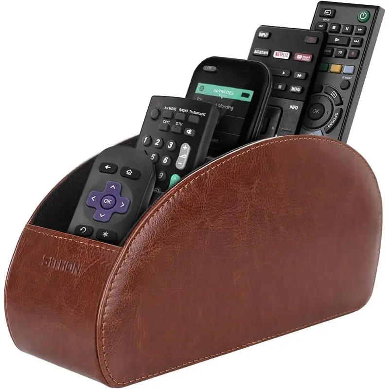 5 Compartment Remote Control Holder, PU Leather Remote Caddy Organizer for TV Remotes, Desk, Sofa & Home Storage