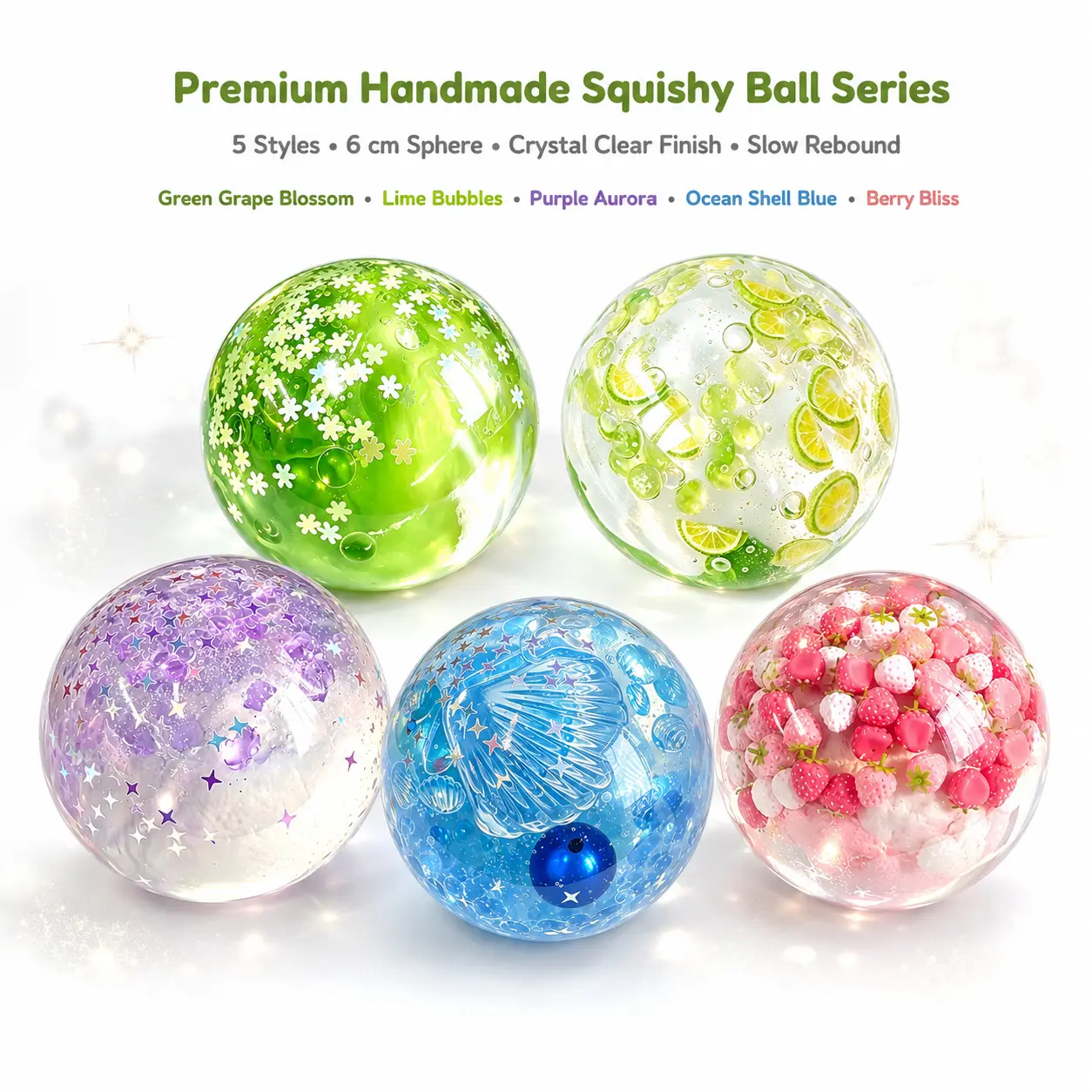 Aesthetic Crystal Clear Resin Gel Squishy Ball 6cm Sphere Handmade Slow Rebound Stress Relief Toy Dreamy Aurora Ocean Shell Fruit Berry Glitter Fidget Sphere Sensory Desk Decor Gift for Girls Women Office Class