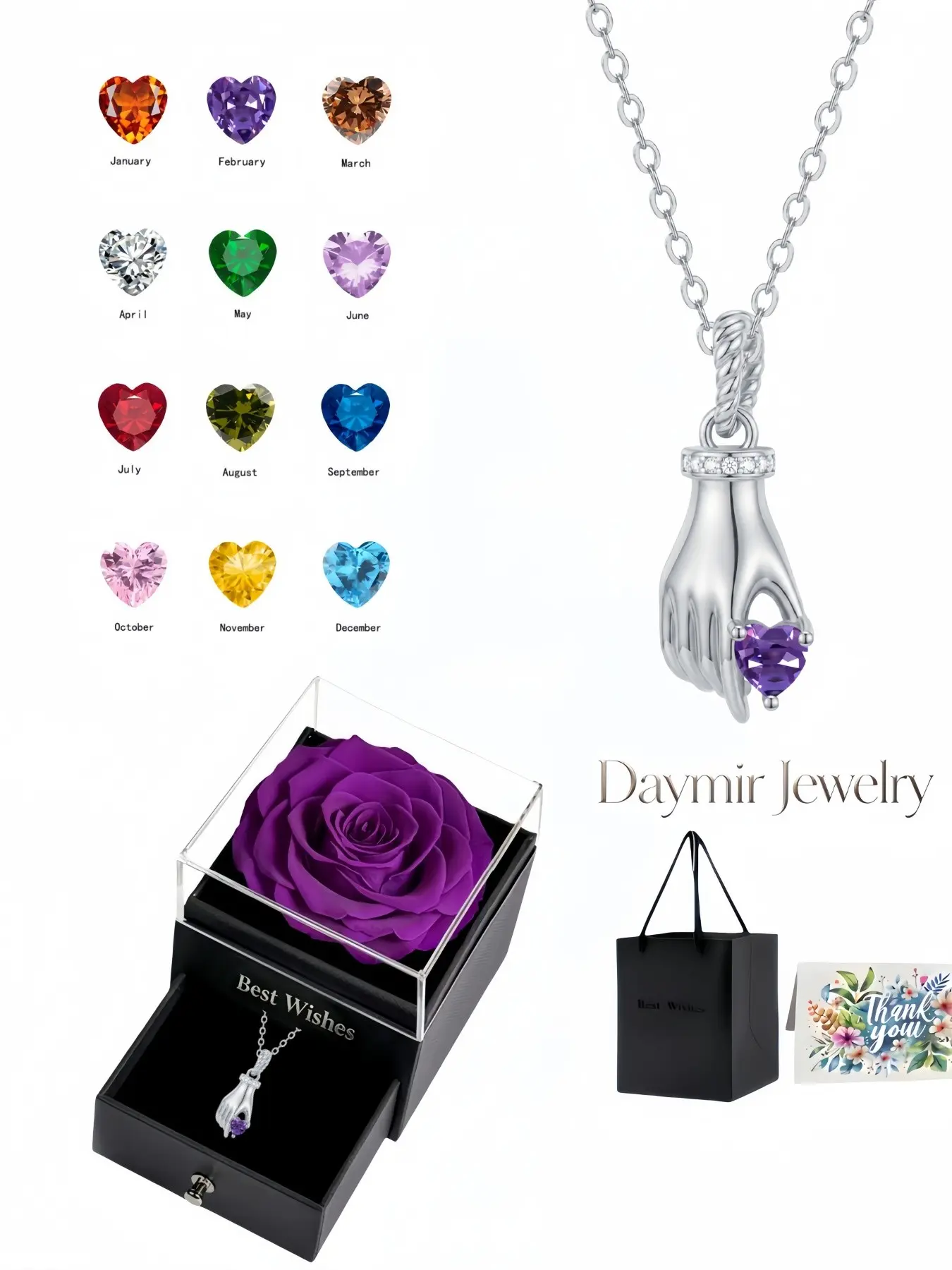 Luxury Palm Heart Necklace with shimmering heart-shaped 12 birthstones. Equipped with an elegant purple preserved rose jewelry box, it is an ideal gift for Birthdays, Mother’s Day, Valentine’s Day and Christmas.