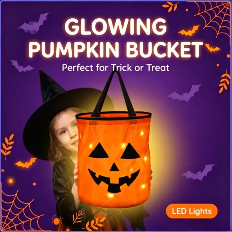 Collapsible LED Light Up Pumpkin Trick Or Treat Bucket Portable Handheld Candy Storage Pail for Halloween Thanksgiving Party Decor
