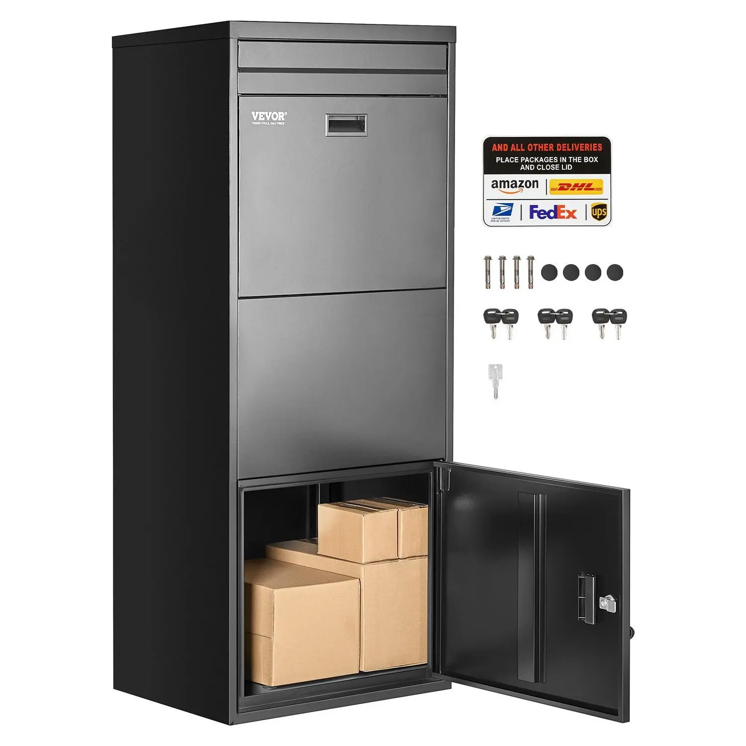 VEVOR Galvanized Steel Mail Drop Box, 47.2 in Outdoor Anti-Theft Lock Delivery Unit, Weather-Resistant Metal Parcel Holder for Home and Office, Black