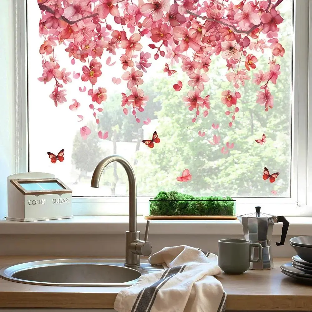 1PCS Pink Flower Butterfly Vinyl Window Decor - Electrostatic UV Static Cling, Stain Resistant, Waterproof Universal Sticker for Home Landscaping