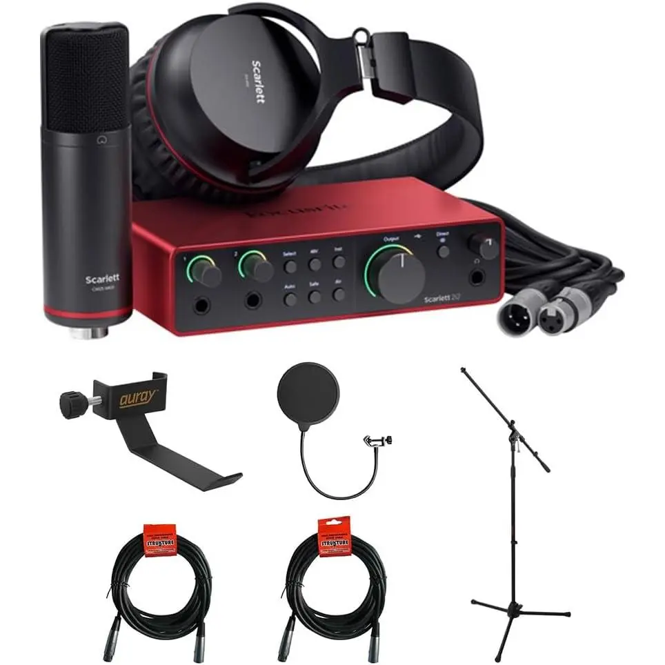 Focusrite Scarlett 2i2 Studio USB-C Audio Interface (4th Generation) with Condenser Microphone and Headphones Bundle with Tripod Mic Stand + Boom, Headphone Holder, Pop Filter & 2x XLR Cable