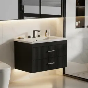 Bathroom Vanity with Sink – Features: 24/30  Inch Floating/Wall Mounted Design, Includes Sink Combo, 2 Storage Drawers – Space-Saving – Available in White or Black Finish – Ideal for Small Bathrooms, Powder Rooms, or Guest Baths