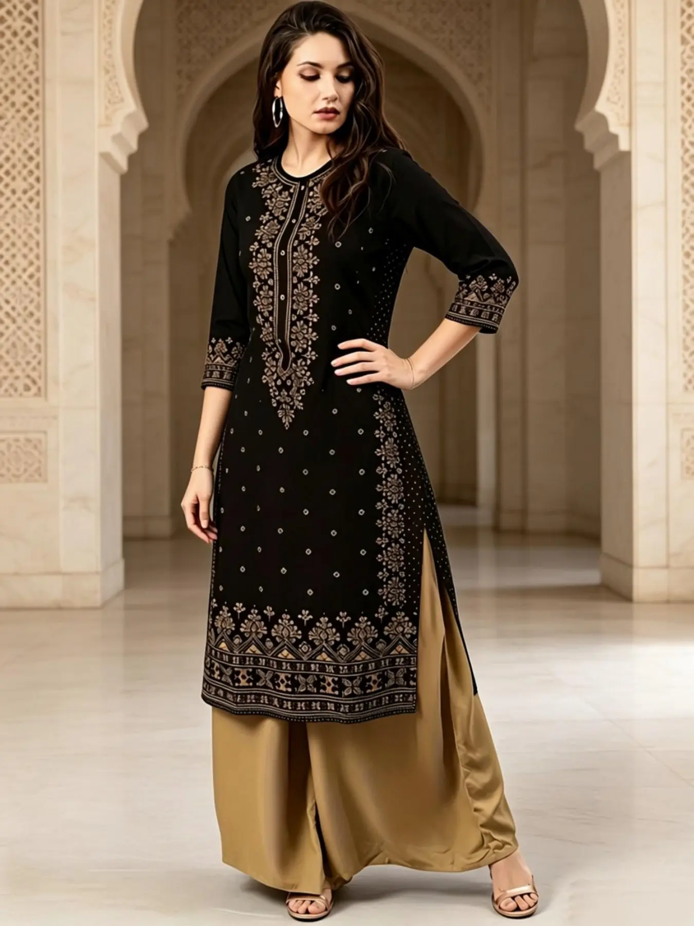 2pcs Modest Printed Tunic Kurta, Traditional Pakistani/indian Style, Embellished, Wrinkle-Resistant, Comfortable, Daily Wear