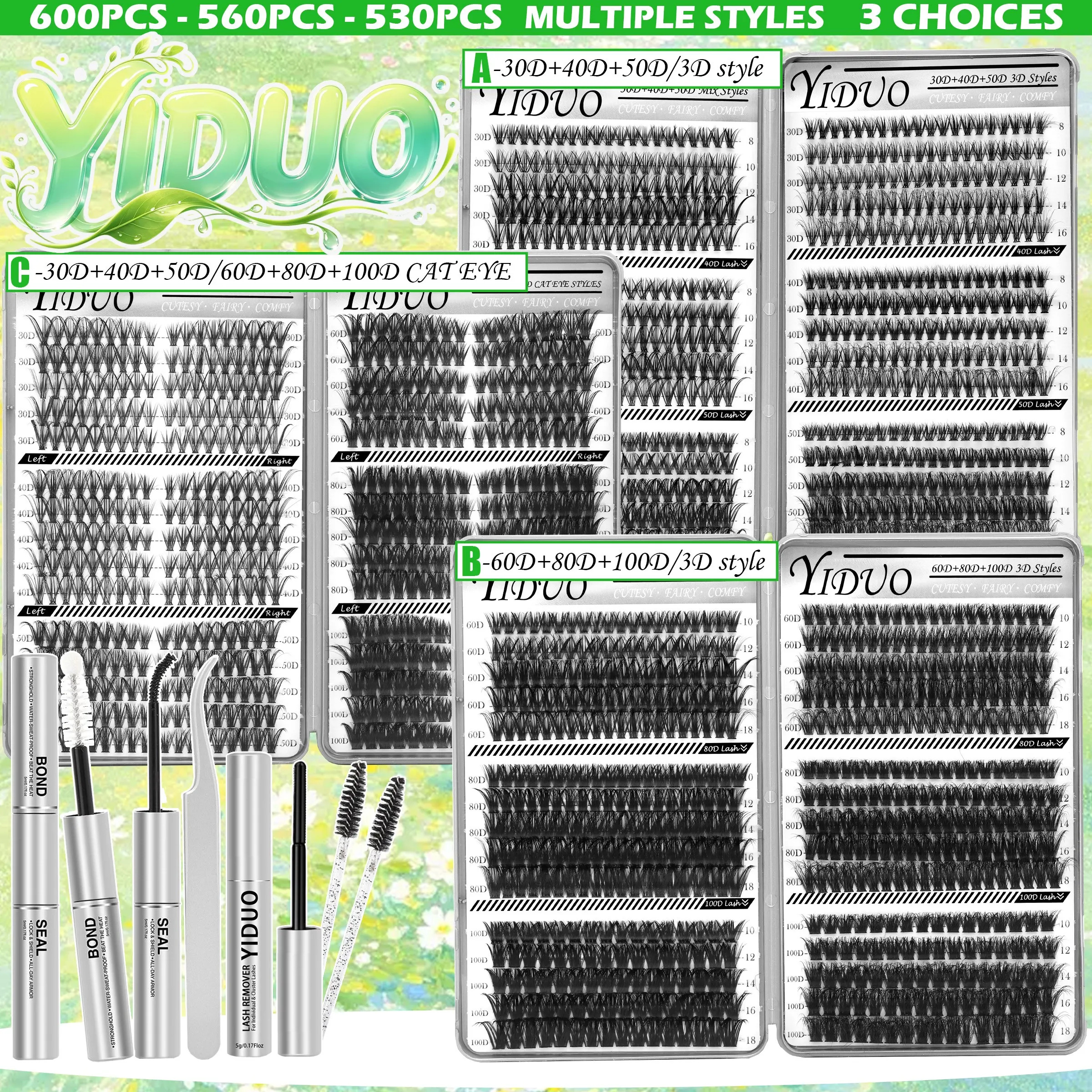 YIDUO Lash Book Clusters Kit, Makeup, Eyelash Clusters Volume Lashes Fluffy D Curl DIY Individual False Eyelashes with Lash Bond, Seal, Tweezers, Remover, Eyelash Brush, Wispy Bulk Cluster Eyelash Extensions Kit