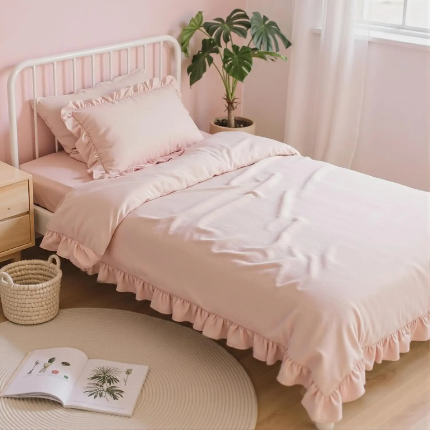 Twin Comforter Set 5 Piece for Girl, Pink Bed in a Bag with Sheets, All Season Ruffle Shabby Chic Bedding Sets with 1 Comforter, 1 Pillow Sham, 1 Pillowcase, 1 Flat Sheet, 1 Fitted Sheet