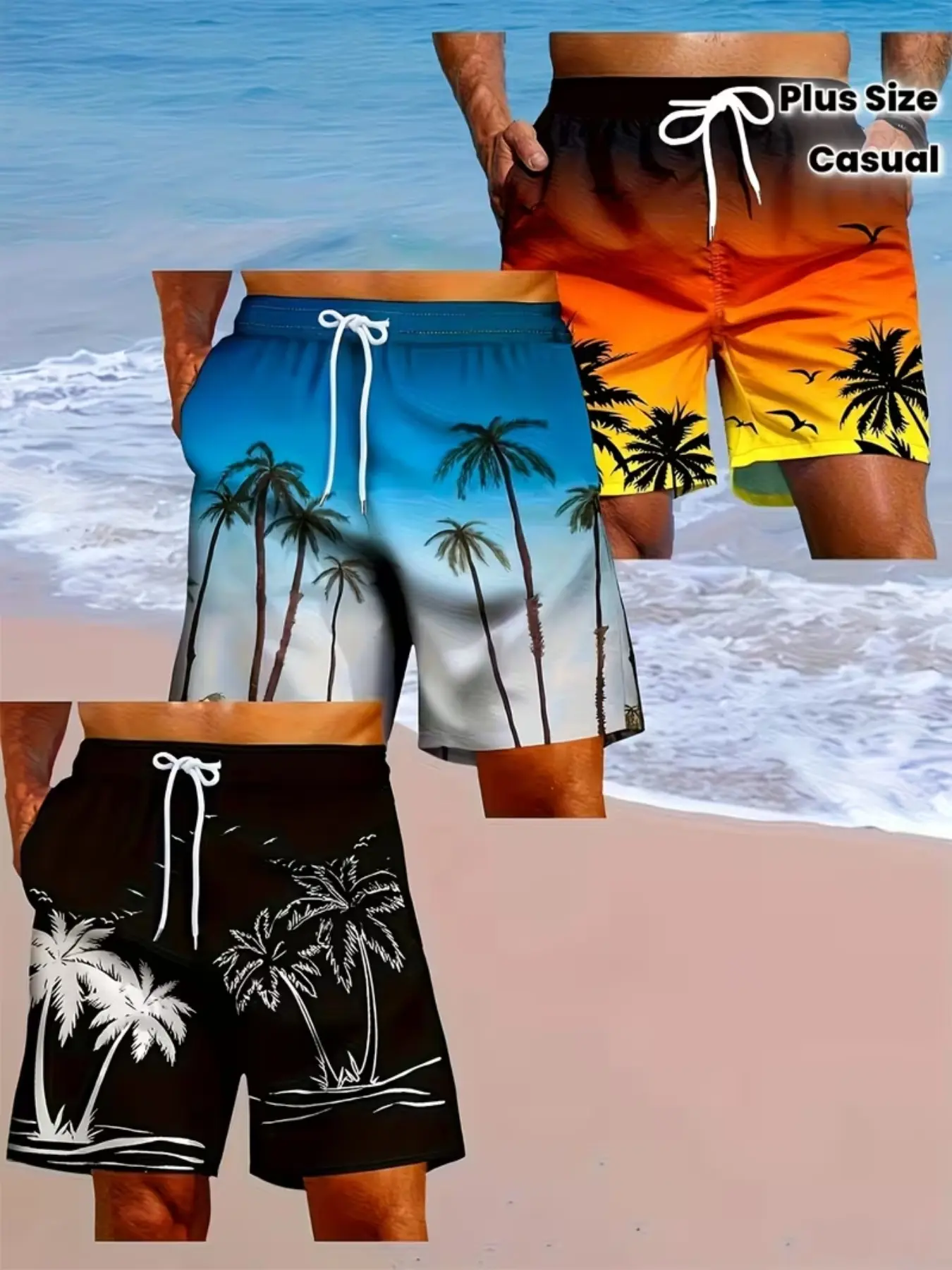 3-Pack Men's Shorts, Casual Beach Pants, 3D Print Running Shorts, Breathable Fabric, Ideal for Summer Outdoor Activities, Surfing, Travel