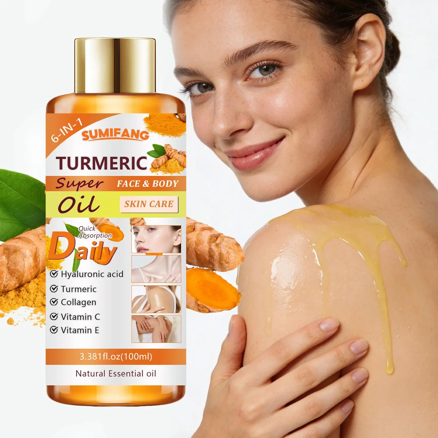 100ML Turmeric Body Massage Oil, Moisturizing Oil, Hyaluronic Acid, Curcumin, Collagen, Vitamin C & E, Deep Moisture Lock, Brightening, Face & Body Use
