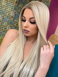 Luxurious Straight Hair Synthetic Wig, 13x4 Transparent Lace Front, 28 Inch Dark Roots, Pre-Bleached Hairline, Women's Style