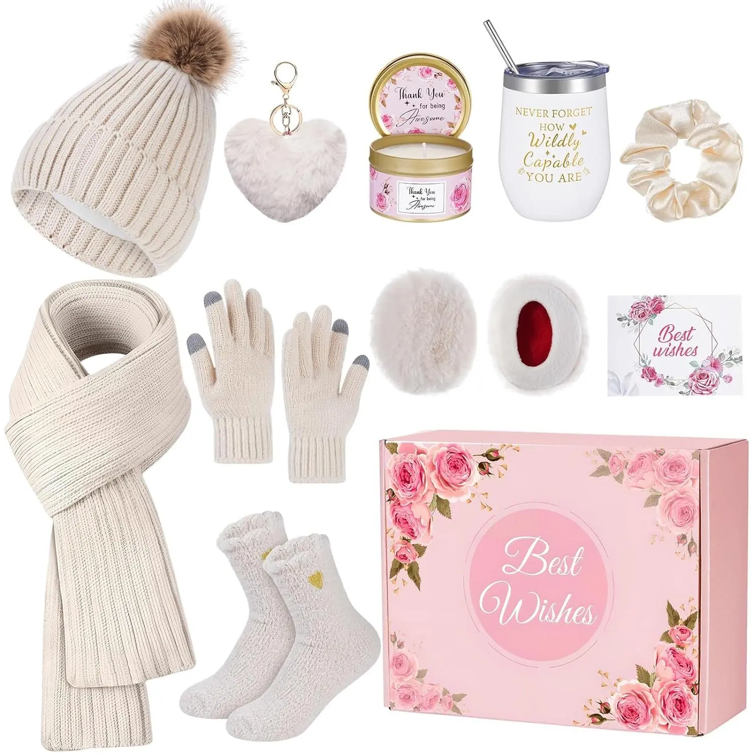 11 count Valentine Basket Gifts Set for Women Knitted Winter Beanie Hat Gloves Scarf Earmuff Candle Sock Tumbler Box