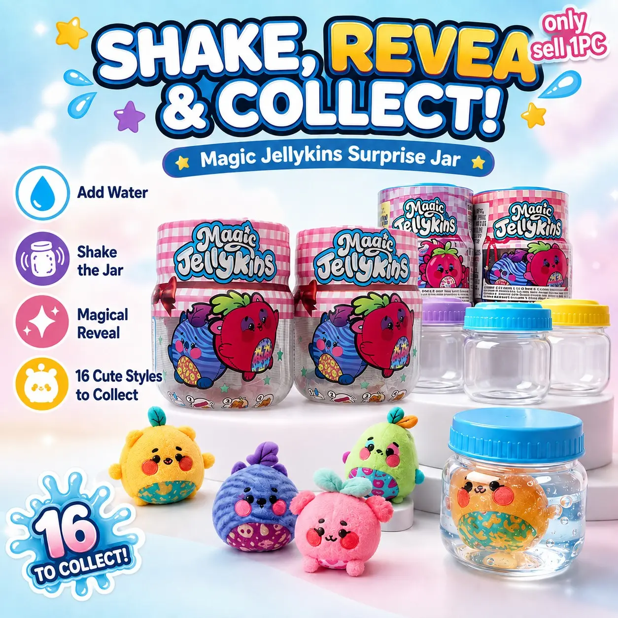 Magic Shake Jar Water-Activated Surprise Squishy Toy, Shake & Reveal Collectible Character, Soft Squeeze Sensory Fidget Toy, Reusable Water Play Toy, Fun Gift for Kids Ages 3+
