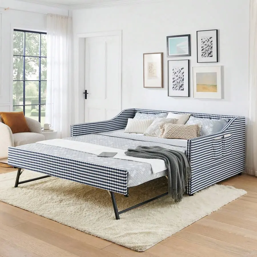 Full/ Twin Size Upholstered Daybed With Pop Up Trundle, 3-In-1 Convertible Sofa Bed, Tufted Daybed Couch With Storage Pockets, Pull Out Daybed Expands To Size Bed, Daybed With Trundle Living Room, Guest Room, Apartment