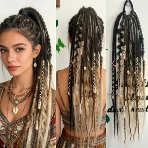 Boho Ombre Dreadlock Ponytail Hair Extension, Bohemian Box Braids with Shell Beads, Messy Dreadlocks for Women, Festival Cosplay Hairstyle