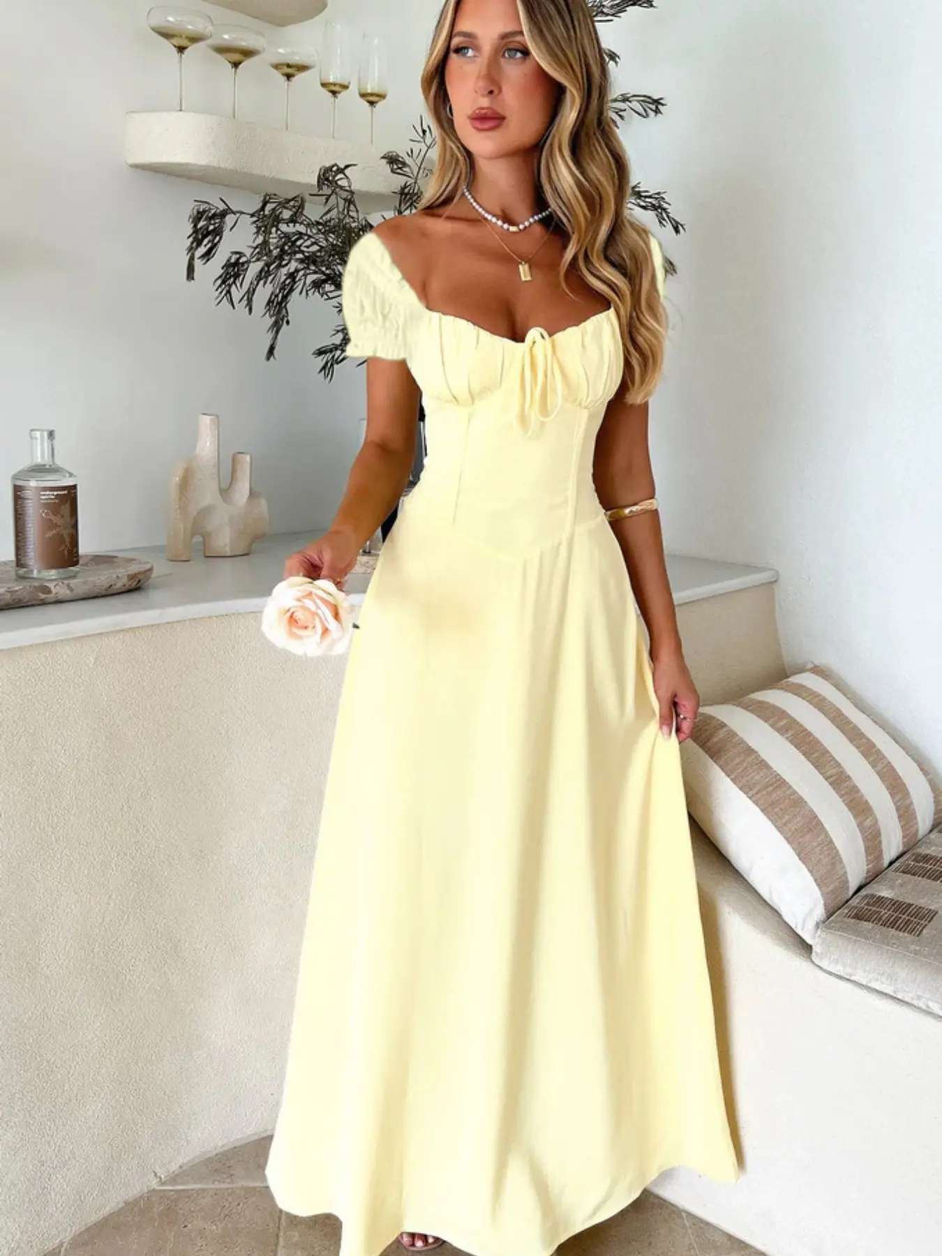 Elegant Chic Plain Lace Up Long Dress, Vintage Casual Slim-Fitting Short Sleeve Dress, Perfect for Summer, Vacation Style Womenswear