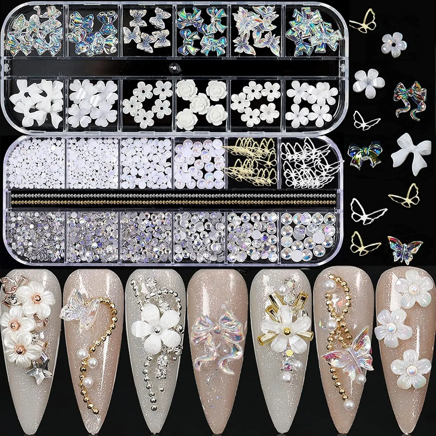 3D Acrylic Butterfly Flower Bear Nail Charms, Ab Crystal Rhinestones, Multi Shapes Pearl, DIY Crafting Jewelry Accessories, 2 Piece Set