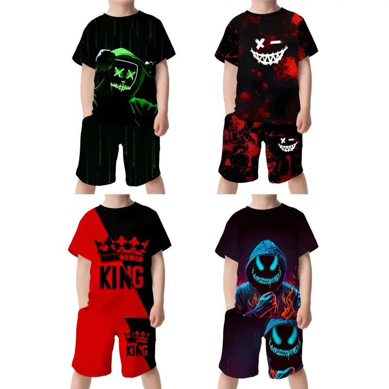 Boys' 8-Piece Cotton-Polyester Blend Knit Gaming 3D Printed T-Shirt & Shorts Set, Geometric Casual Summer Streetwear, Edgy Aesthetic, Machine Washable, Not Dry Cleanable, Sizes 3-4Y,5-6Y,7-8Y,9-10Y, Round, 3 - 4 Years