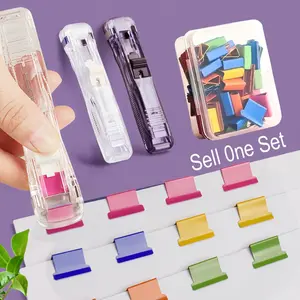 Portable Binder Clip Stapler - Includes 50 Reusable Clips Desktop Push Stapler Binder Clips Paper Clamps Small Binding Office Supplies Handheld Stapler Staples Set Desk Paperclip Dispenser