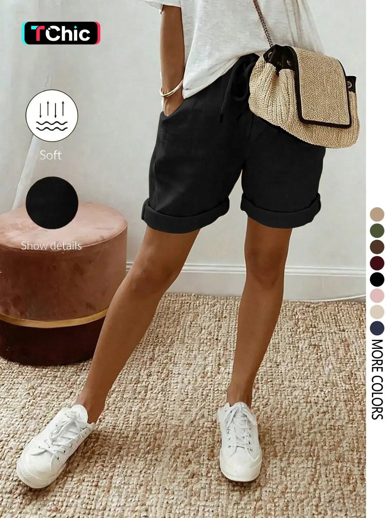 Women's casual Basic solid color bottoms shorts with rolled-up hem, double pockets, drawstring design, adjustable size, suitable for everyday outings and beach vacations.