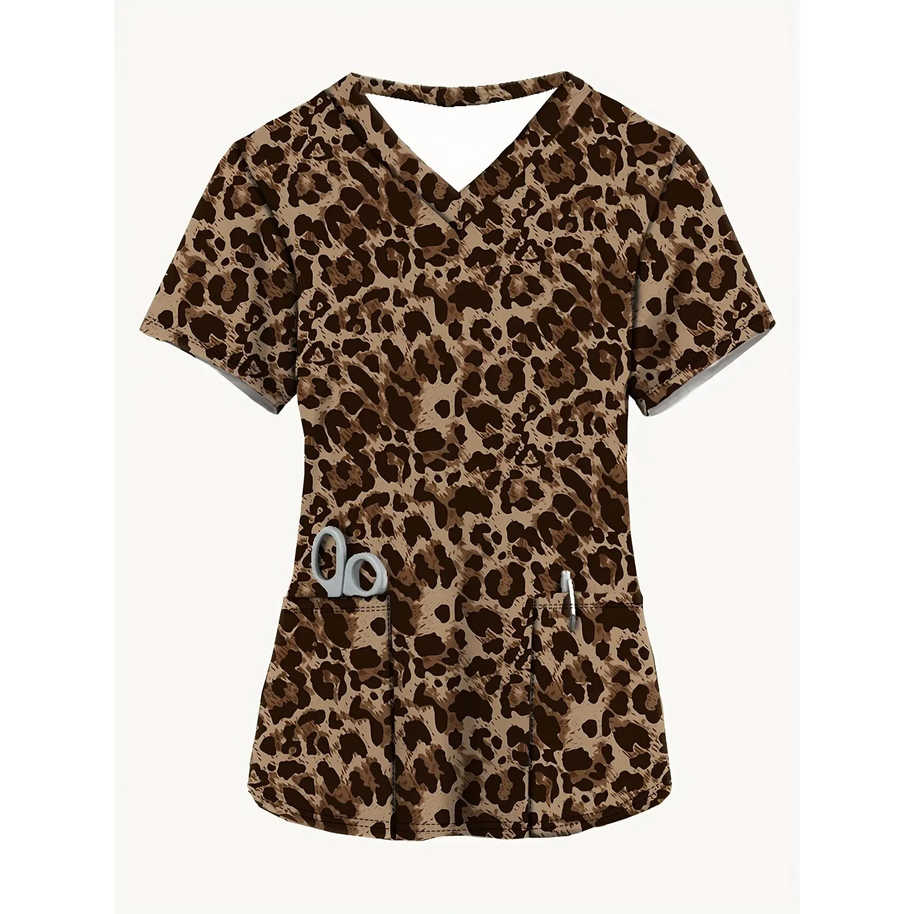 Women'S Fashion Short Sleeve V-Neck Top, Sexy Leopard Print Casual Comfortable Nurse Uniform with Pockets