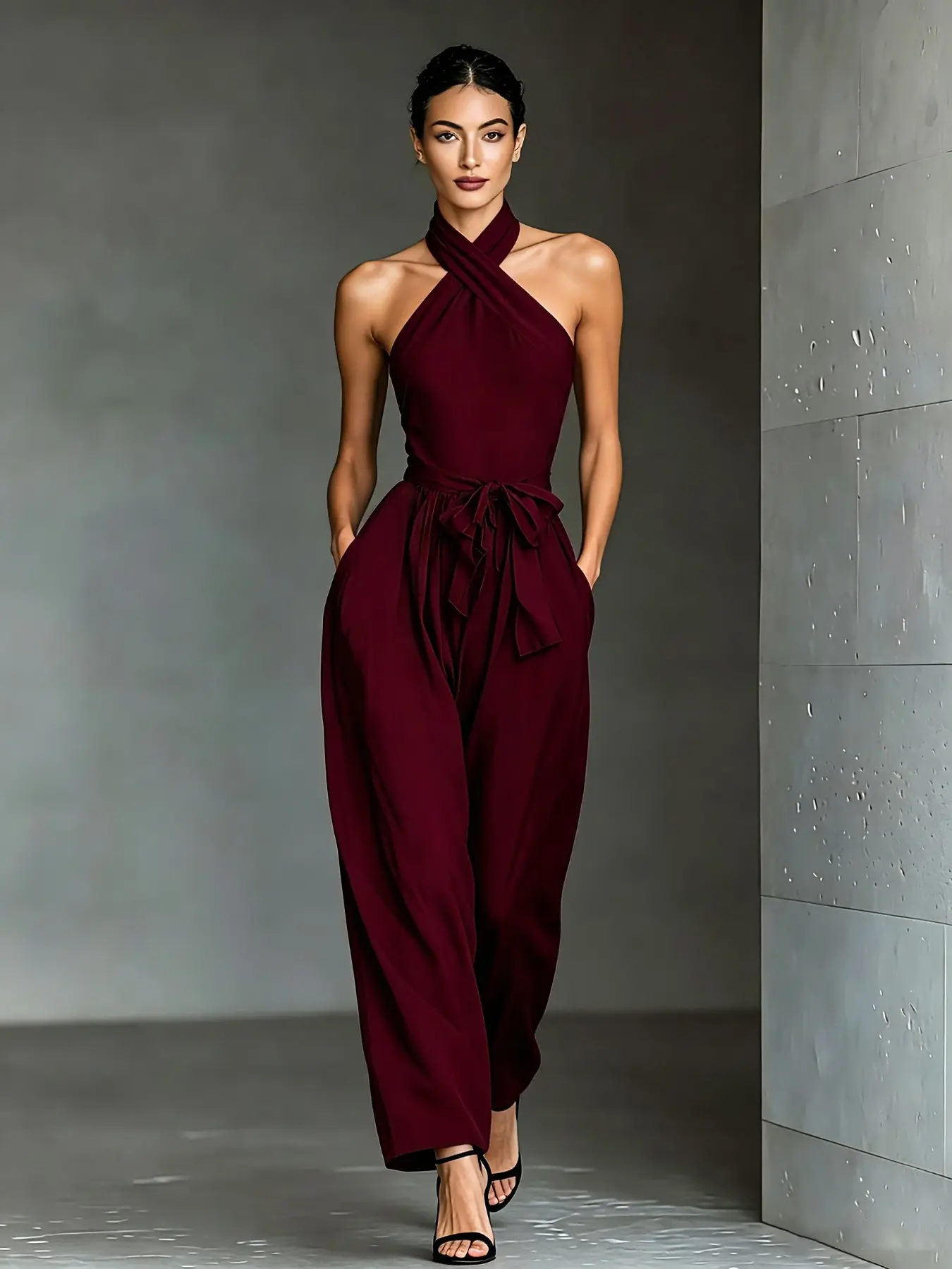 C6940 Viral That Girl Versatile Jumpsuit for Ladies, Cross Halter Neck Wrap Design, Decorative Waist Bow Belt & Invisible Functional Pockets, Airy Wide Leg Casual Dressy Outfit for Urban Daily and Weekend Plans.