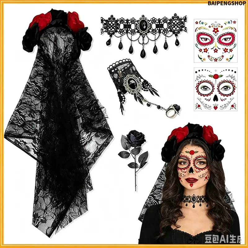 Women’s Lacy Cloth Dia de Los Muertos Halloween Accessory Set - Floral Headband, Lace Veil, Black Rose Decor, Necklace, Bracelet, Lace Eye Mask, 2 Temporary Tattoo Stickers - Ideal for Halloween Fancy Dress, Theme Parties, Headband + Necklace + Bracelet +