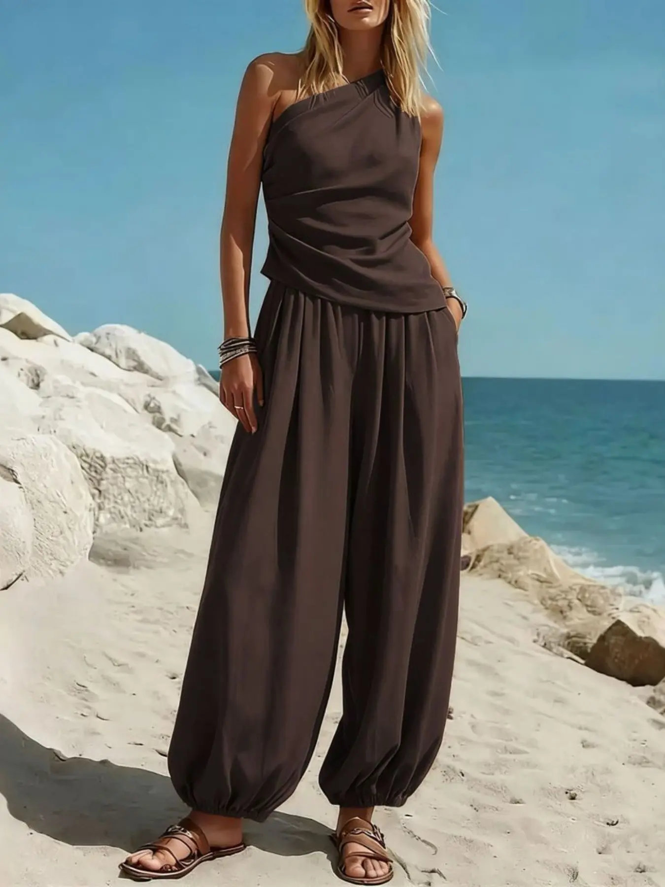 F9005 Laid-Back Soft Life Holiday Co-Ord Set, Minimal Quiet Luxury Uneven One Shoulder Top with Oversized Balloon Harem Trousers, Classic That Girl Outfit for Beach Travel, Daily Style and Comfy Home Outfits.