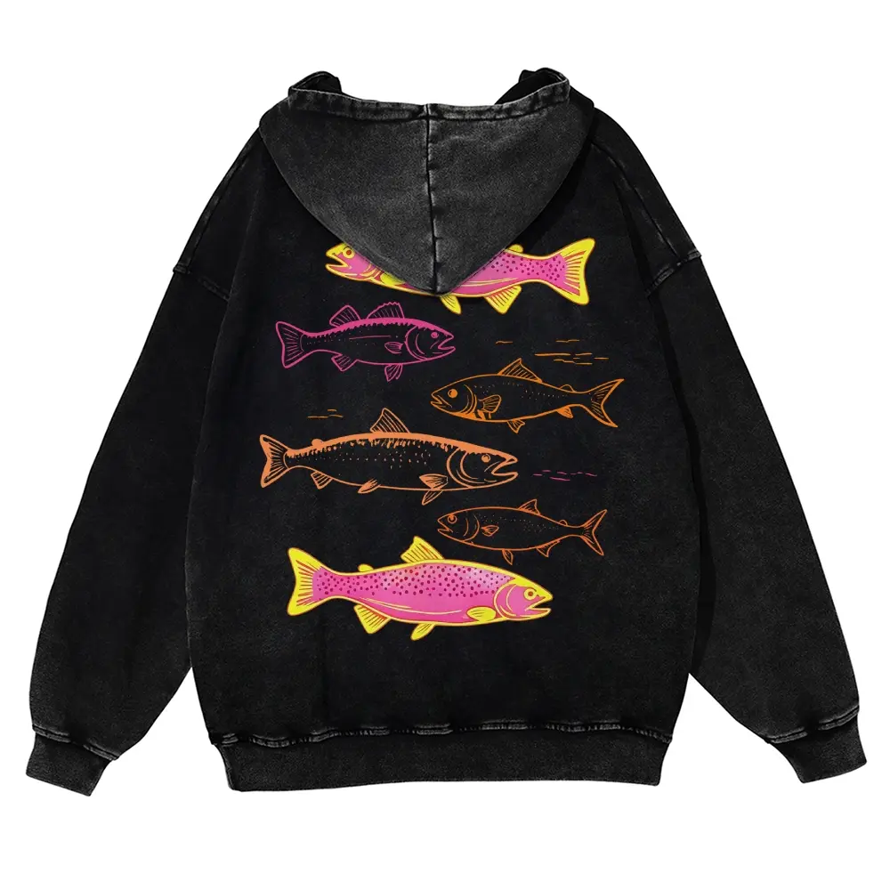 [ DTG Print ] Gradient Outline Spotted Trout Layered of Fish Back Print 380g Autumn VIntage Washed Hoodie Graphic Sweatshirt,back to school,back to school shopping