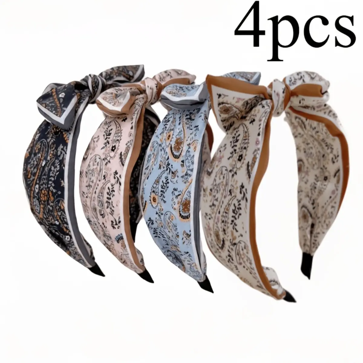 Women's 4-Pack Vintage Paisley Pattern Headbands, Wide Non-Slip Boho Hair Bands fr, Resin Bag Accessory Charm (4 & Above Pcs Option),