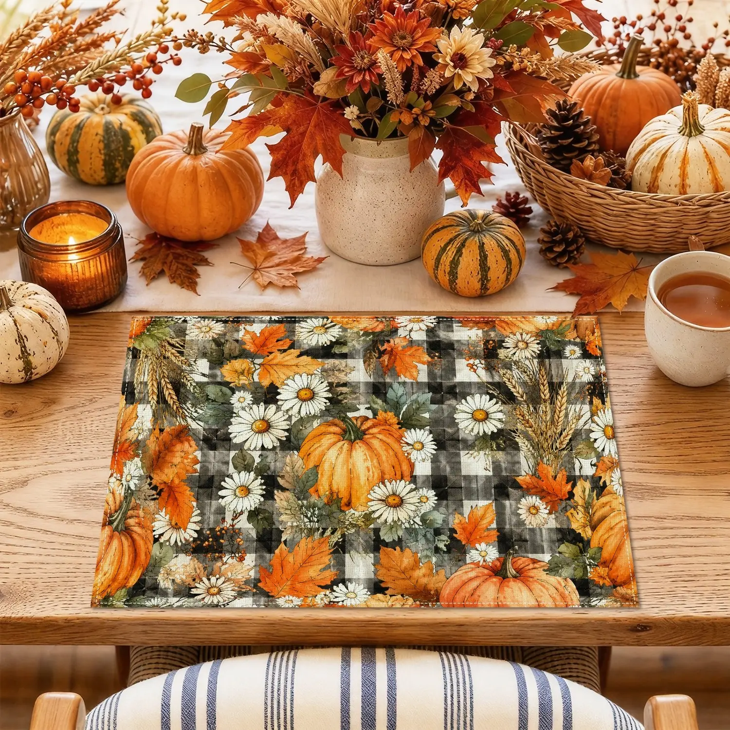 4/6pcs Pumpkin Daisy Checkered Placemats, Rustic Farmhouse Autumn Style, Orange Pumpkins White Daisies Wheat and Maple Leaves over Black Buffalo Plaid, for Dining Table Kitchen Fall Dinner and Country Home Decor