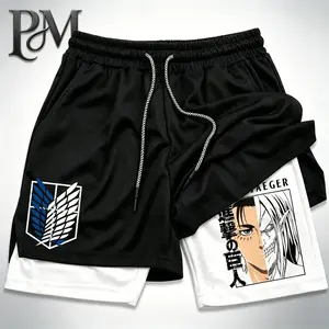 Men’s Anime Attack on Titan Eren Jaeger 2-in-1 Running Shorts Quick-Dry Bilayer Compression Gym Athletic Training Shorts Black White Y2K Streetwear Summer Activewear Moisture Wicking Breathable Basketball Jogging Beach Outdoor Vacation Holiday Gift for Me