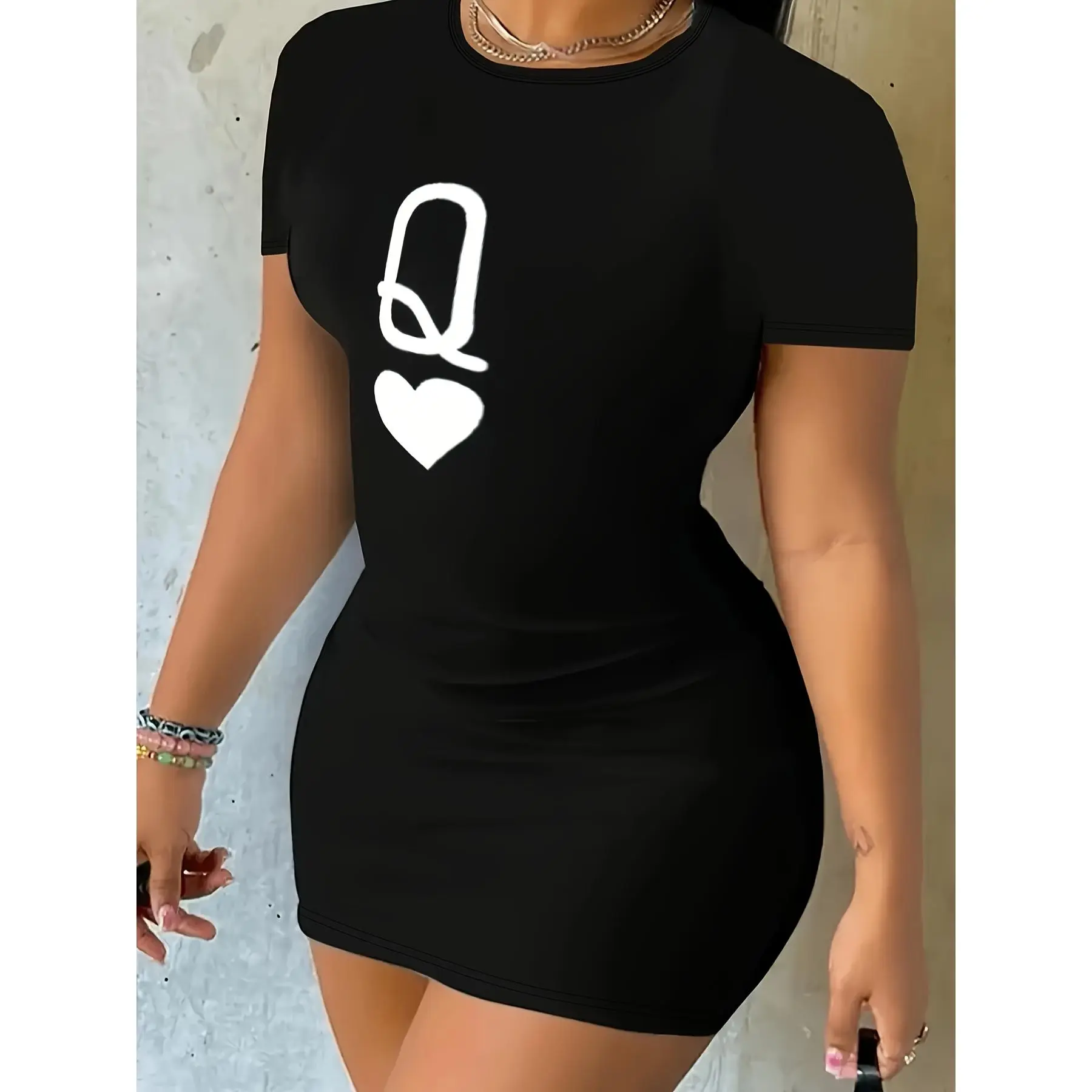 Queen of Hearts Print Crew Neck Dress, Casual Short Sleeve Bodycon Dress for Spring And Summer, Women'S Clothing