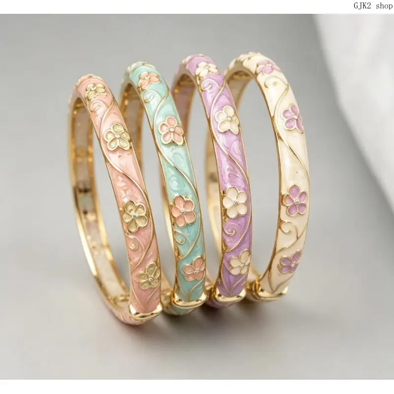 Vintage Five-Leaf Clover Enamel Bangle Bracelet, Gold Hollow Floral Cloisonne Open Cuff Bracelets, Elegant Oriental Pastel Color Enamel Jewelry Gift for Women