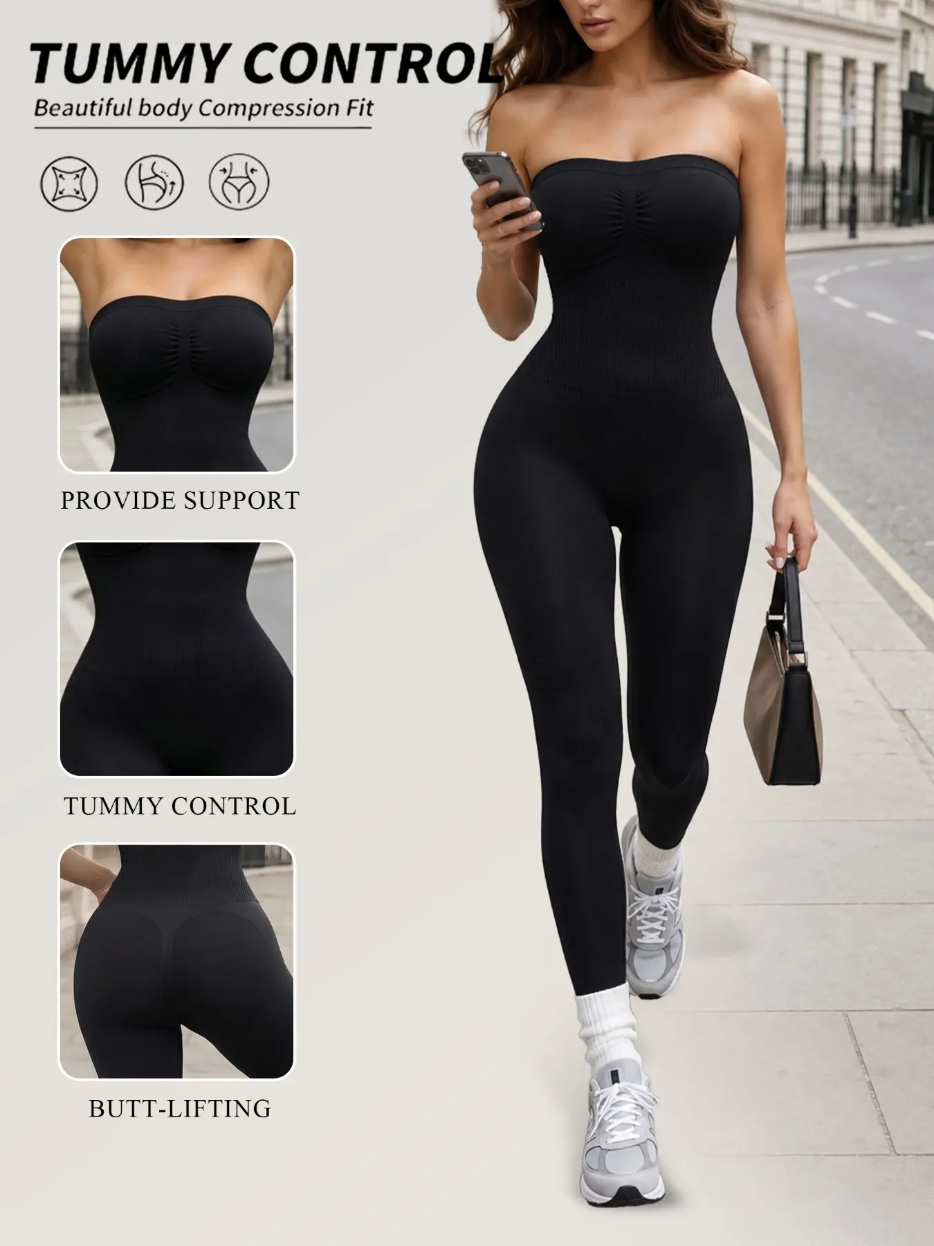Strapless Tube Top Ribbed Abdomen Control Jumpsuit, High Waist Tummy Control Waist Cincher Butt Lifting Shapewear, 4 Way Stretch Hip Compression Body Shaper for Gym Street Daily Outfit