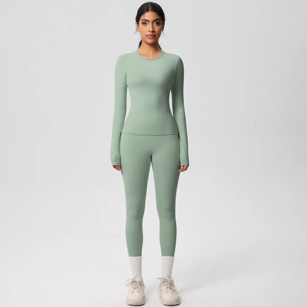 Women Solid Brushed Fleece Workout Outfit 2 Piece Set Naked Skinny Long Sleeve Athletic Top Tummy Control Scrunch Butt Yoga Pants Quick Dry Running Pilates Fitness Sportswear