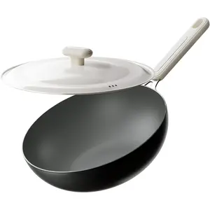Carbon Steel Wok Pan 11.8 Inch Pre-Seasoned Flat Bottom Chinese Wok with Lid Lightweight Kitchen Cookware for All Stovetops Gas Electric Gift Set for Women Mom