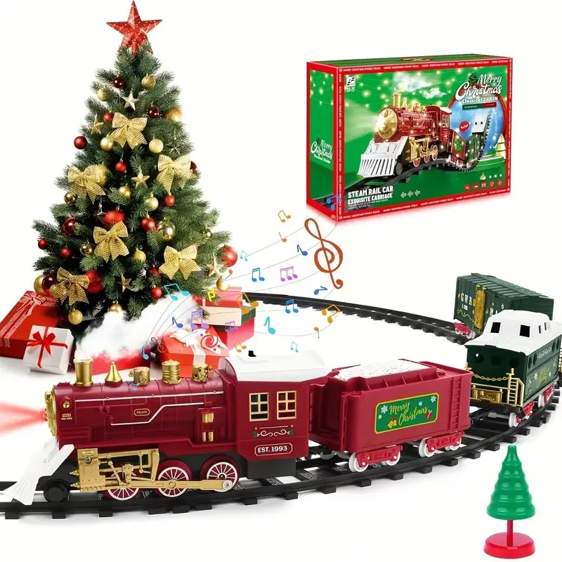 Christmas Vintage Steam Electric Train Toy Set, Safe Water Spray Mist, Flashing Headlights, Christmas Music, DIY Assemble Straight & Curved Tracks, Indoor Parent-child Interactive Playset, Ideal Xmas Birthday Gift for Boys & Girls Aged 3-8