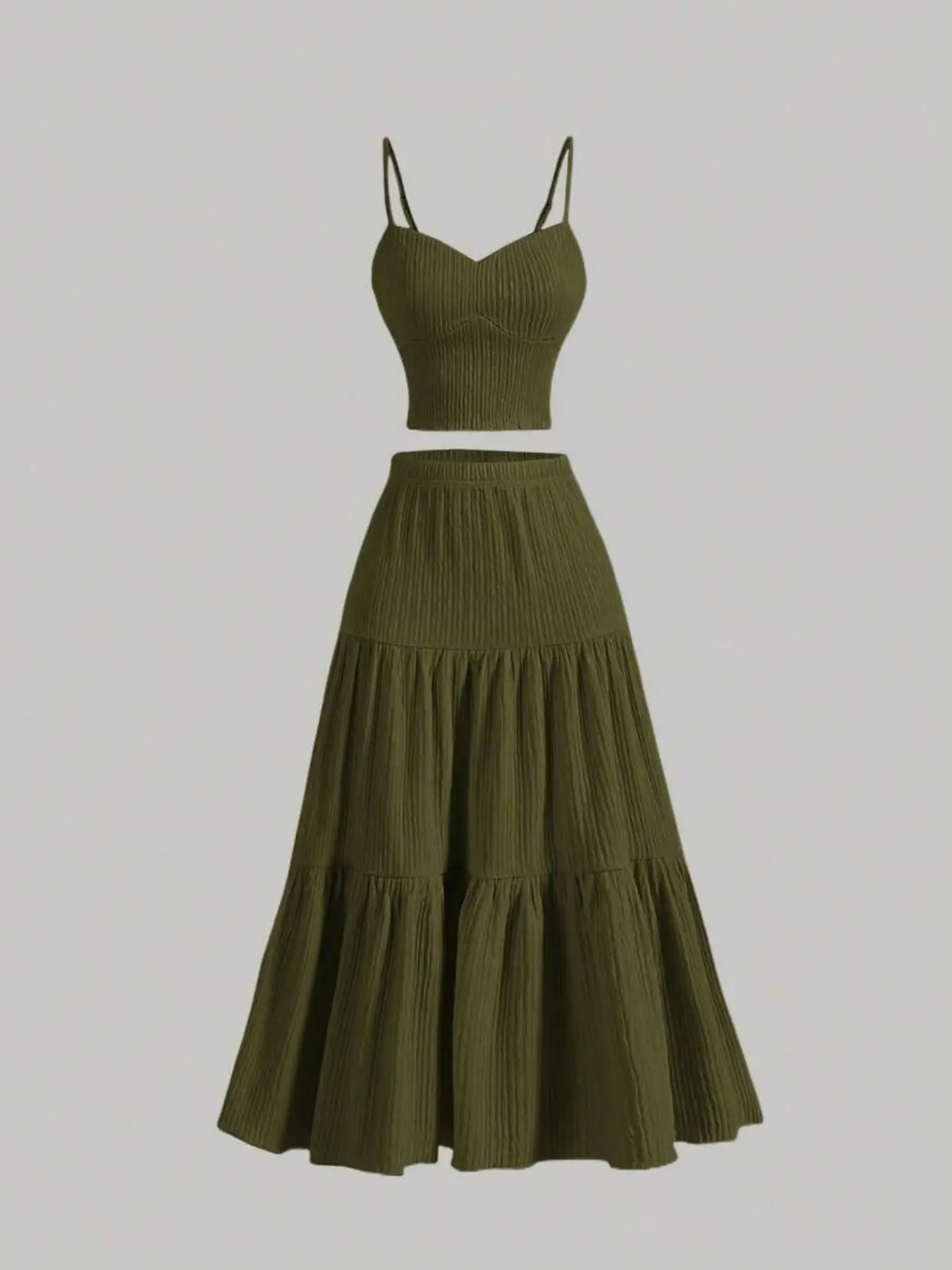 Women's Solid Color Beach Dress Two-Piece Set Outfit, Adjustable Thin Straps V-Neck Short Top, Layered Midi Skirt, Comfortable Fashion