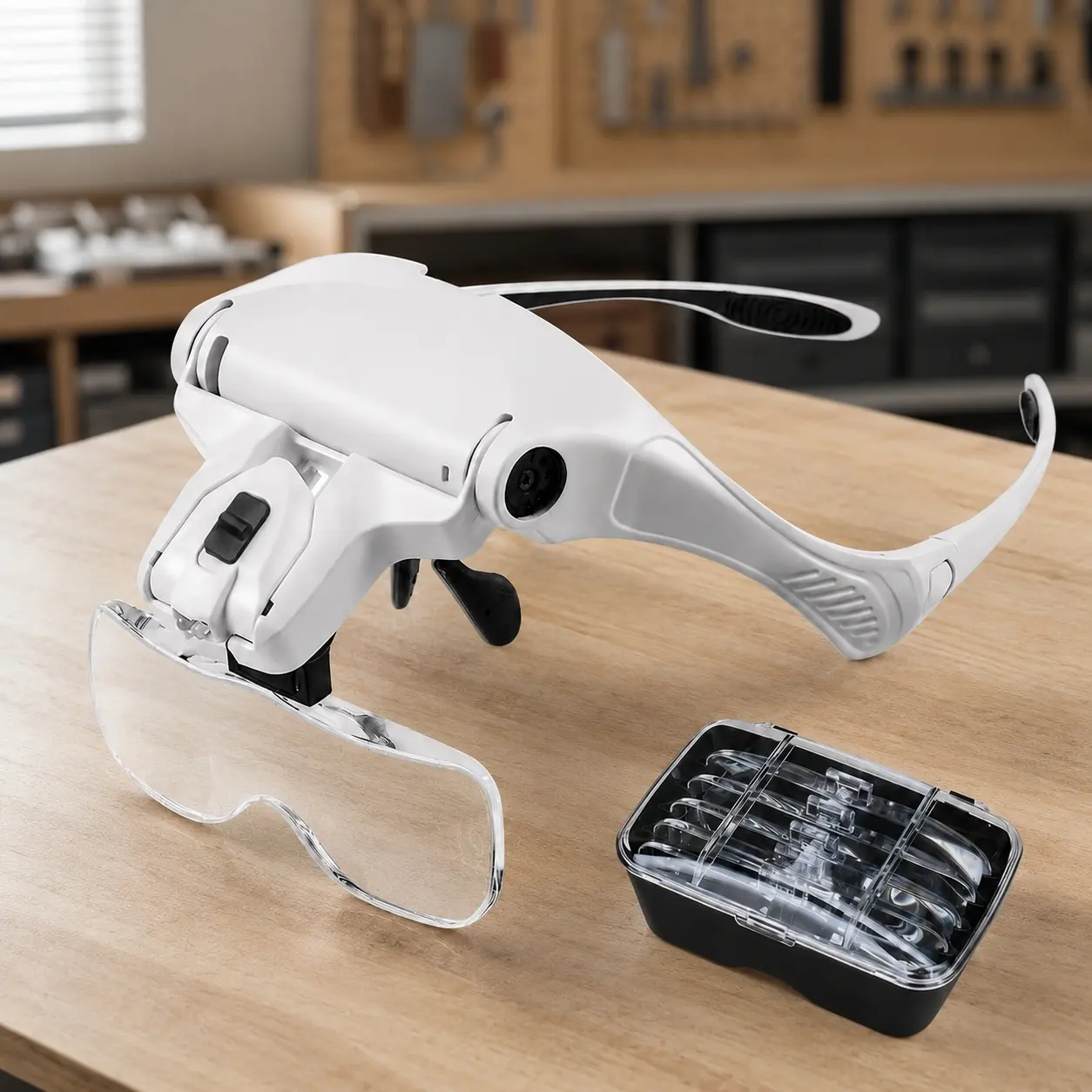 Headband Magnifier with LED Light, 5 Replaceable Lenses 1.0X to 3.5X Magnification, Hands Free Magnifying Glass with Elastic Strap, Professional Jeweler Loupe for Electronics Repair Watchmaking Crafts, Head Mount Magnifying Lamp with Light