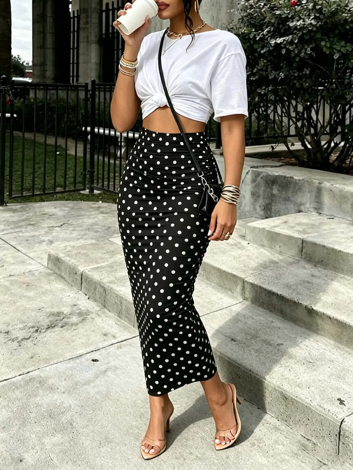 Women's Polka Dot High Waist Bodycon Pencil Skirt, Soft Stretchy Long Skirt for Daily Casual Wear