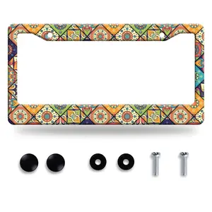 Cute Mexican Tile License Plate Frame, Colorful Boho Mandala Car Tag Holder, Aluminum Novelty Talavera Mosaic Geometric Auto Plate Covers for Front Rear Plates with Screws Caps