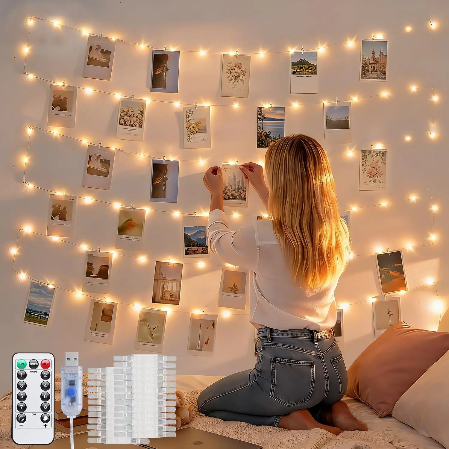 Adjustable LED Photo Clips String Lights, 33Ft 100LED Plug-In Fairy Lights with 50 Clips & Remote, 8 Modes for Bedroom Wall Birthday Decor (Dog & Cat Grooming Accessory), Adjustable Led Lights