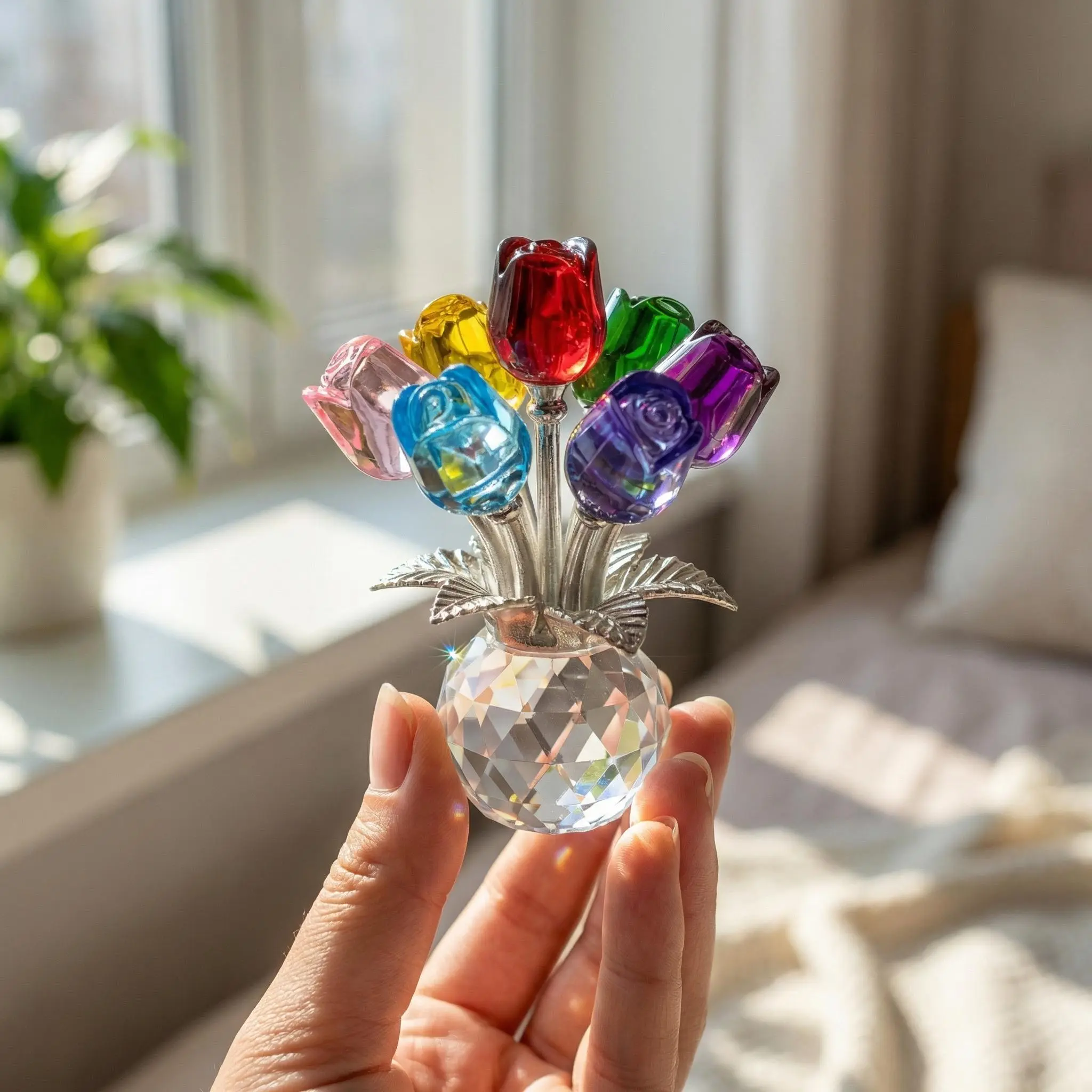 Colorful Rose K9 Crystal Flower Figurine Bouquet with Vase, Handmade Decorative Table Centerpiece, Beautiful Centerpiece Ornaments with Colorful Rose Design, Ideal Mother's Day Gifts for Mom Home Table Decor