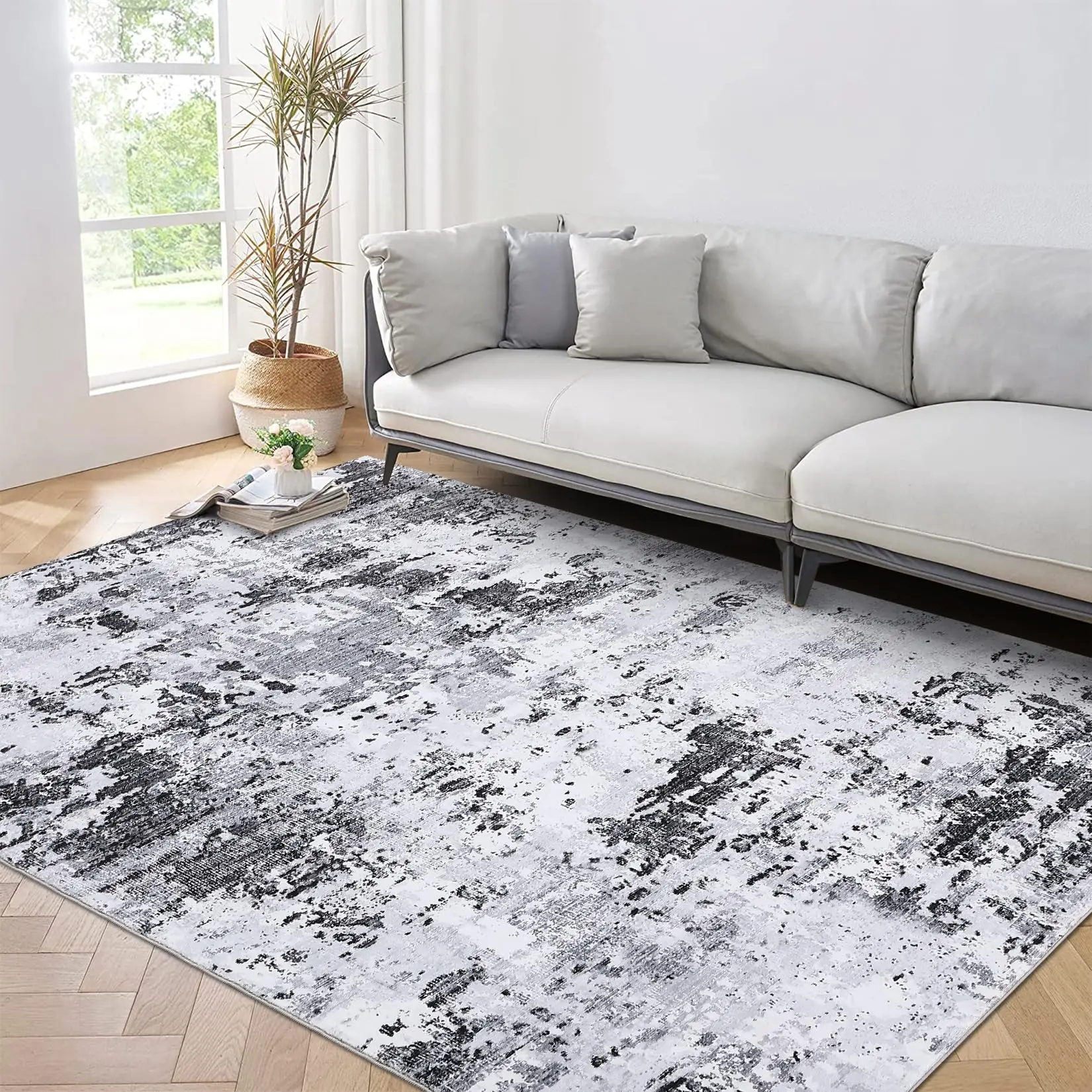 Washable Abstract Ink-Wash Area Rug, Light Gray, 1200gsm, Foldable, Non-Slip, 3 Sizes (2x8, 2x10, 6x9 ft)