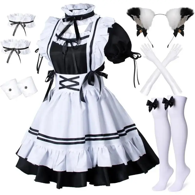 Anime French Maid Apron Lolita Fancy Dress Cosplay Costume Furry Cat Ear Gloves Socks Set (S) L1123