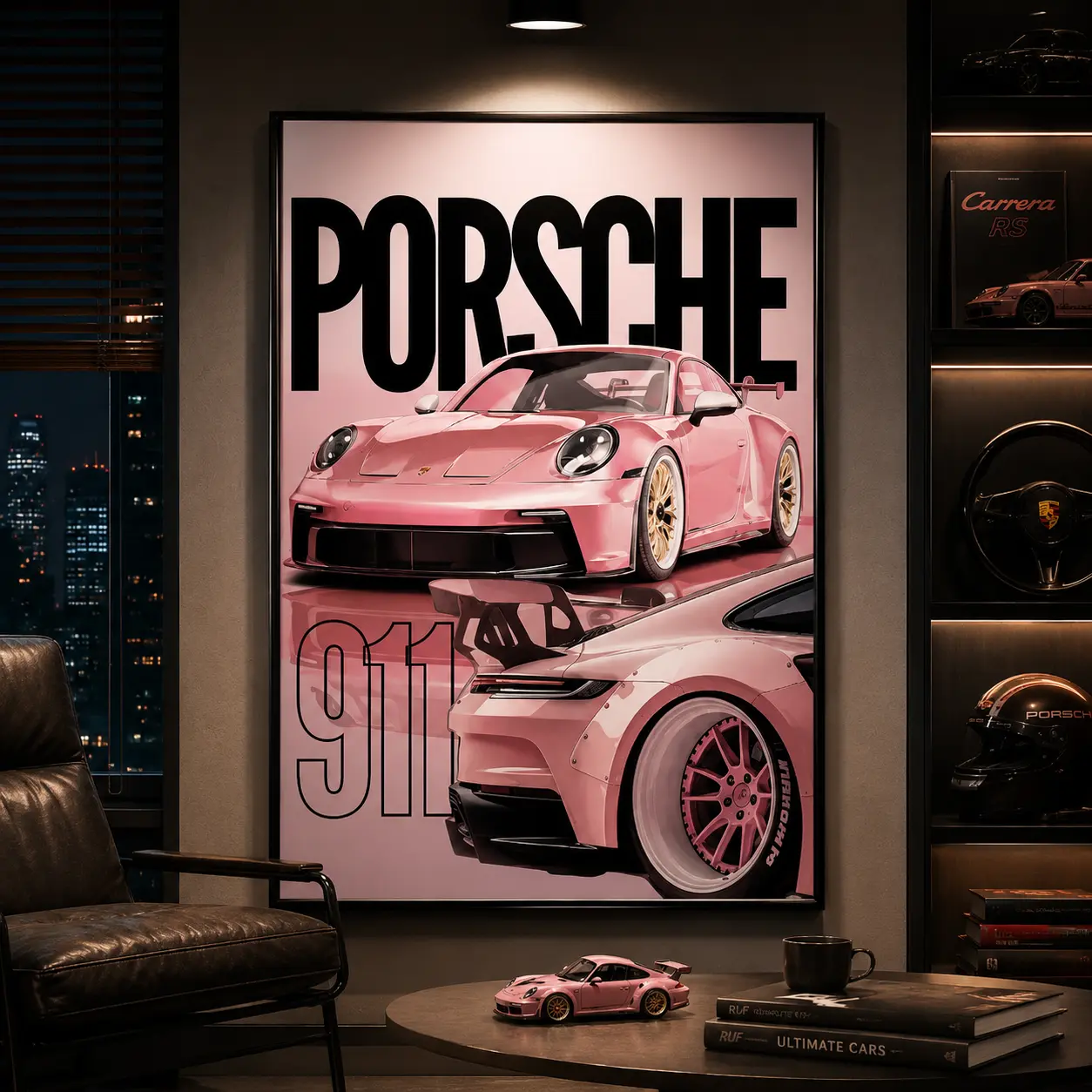 Porsche 911 Pink Canvas Wall Art Poster - Luxury Supercar HD Graphics Print, Ready-To-Hang Multi-Size (12" x 18") Home Decor, Automotive Gift for Car Enthusiasts, Fast Delivery