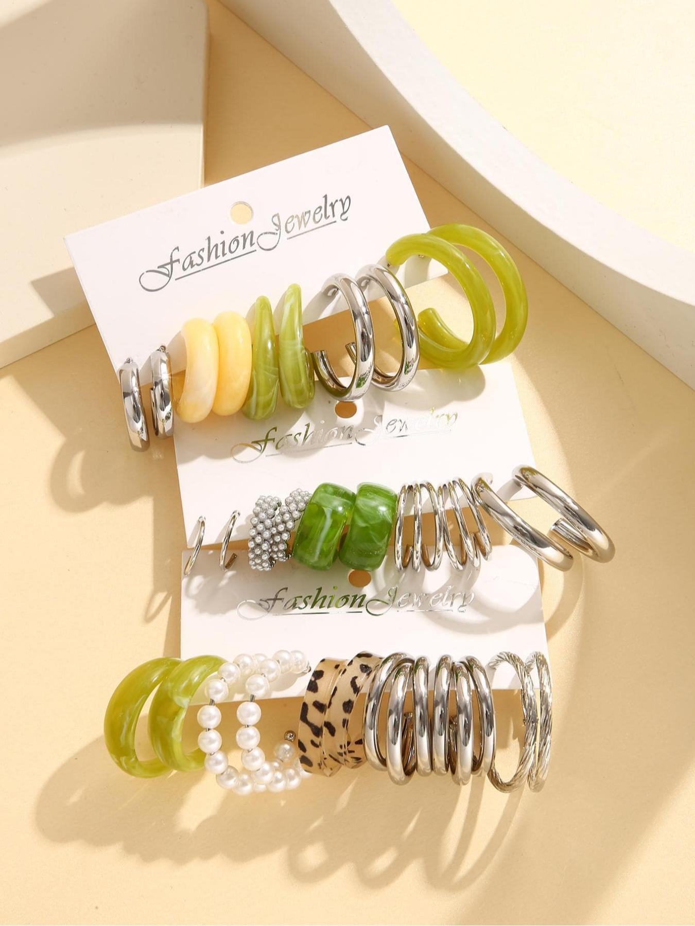 Faux Pearl Decorated Hoop Earrings, 15 Pairs Elegant Colorblock Design Fashionable Hoop Earrings, Fashion Accessories For Women