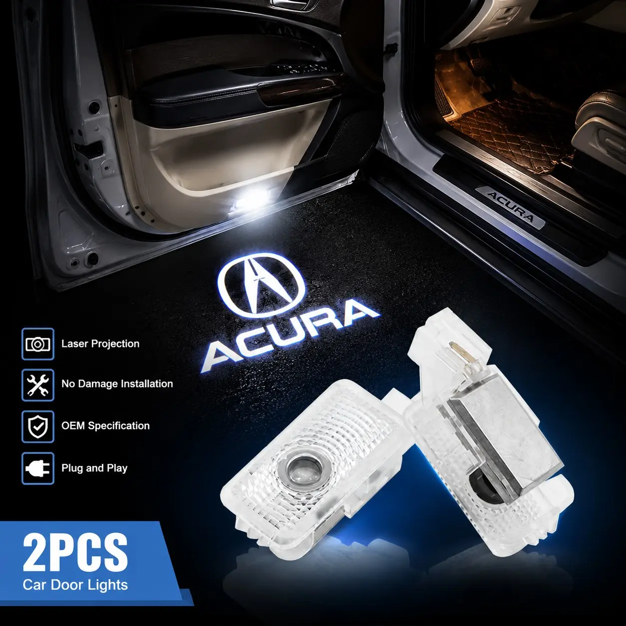 🔥2PCS LED Door Logo Welcome Lights for Acura ZDX MDX TL TLX RDX RLX | Cree 3W HD Laser Projector Puddle Lights | 12V Plug & Play No Drill OEM Fit | ABS + Aluminum Alloy Car Door Courtesy Lights Accessories | Car Accessories Lamp