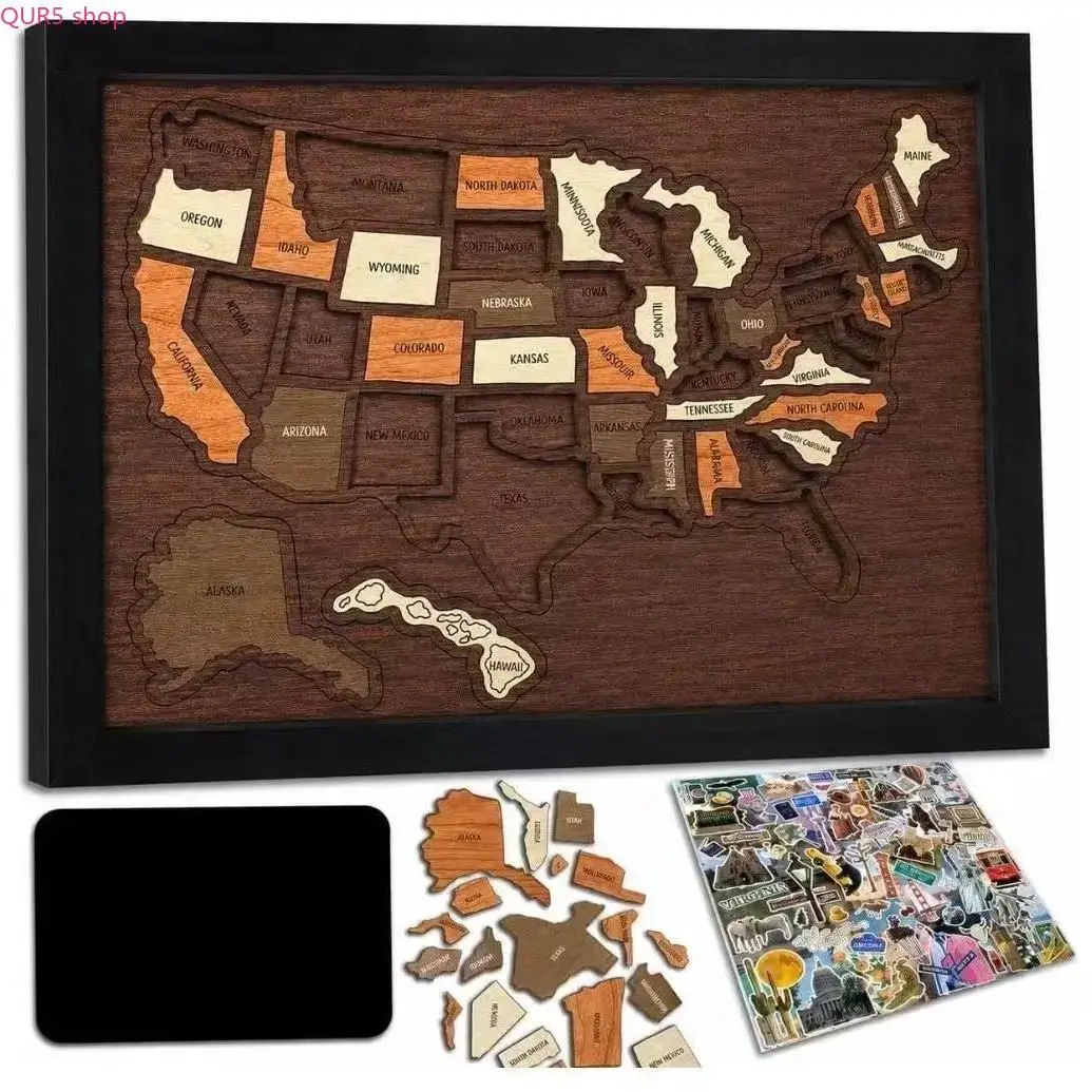 Solid Wood US Map DIY Wooden Puzzle, Educational Geography Toy & Travel Memory Tracker, Minimalist Wall Decor, Fun Family Game, Ideal Holiday Gift And Cozy Home Or Bag Accessory Ornament